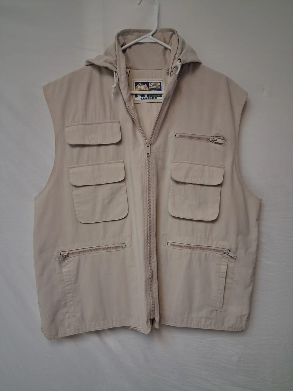 Legends Vintage Men's Hooded Multi-Pocket Vest in Light Beige Sz 2X